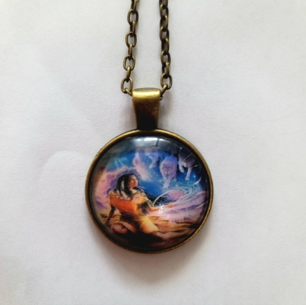 Woman with Wolf Spirits Glass Cabochon Pendant Necklace